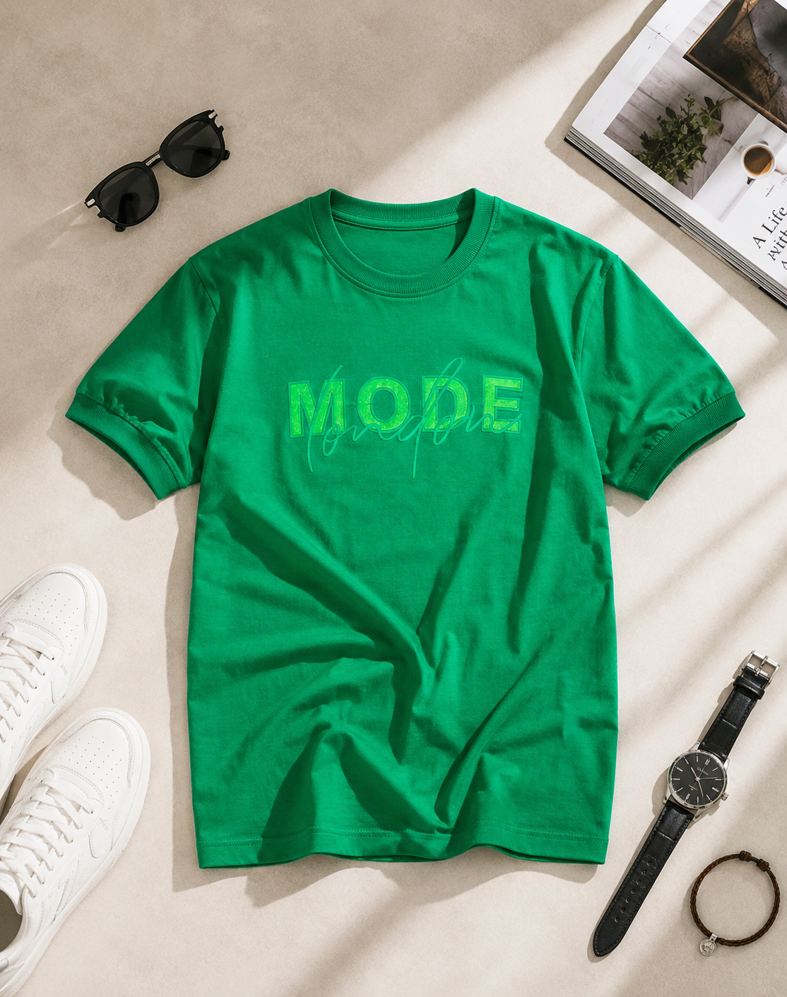 تیشرت مردانه یقه گرد طرح گلدوزی MODE / کد 11055