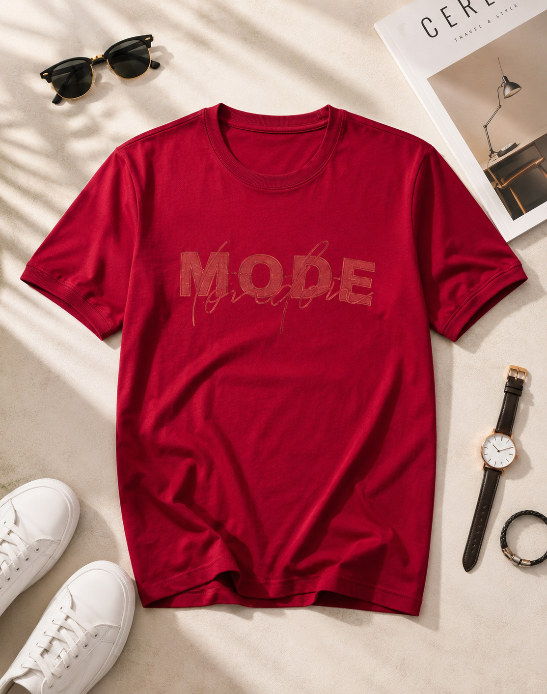 تیشرت مردانه یقه گرد طرح گلدوزی MODE / کد 11052